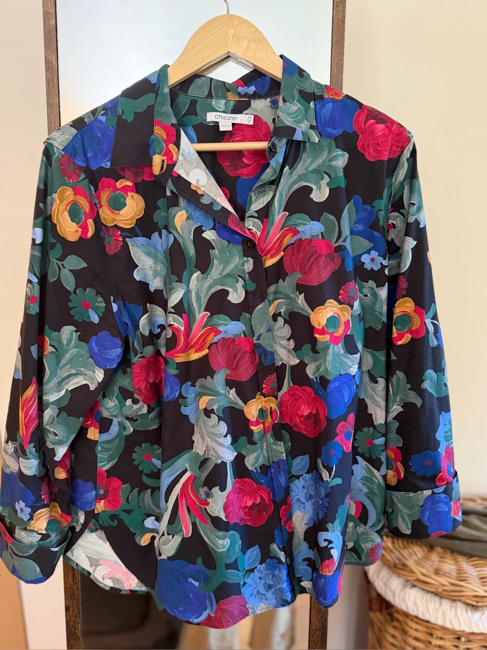 Chico's Black Floral Button-Down Shirt with Multicolor Blooms